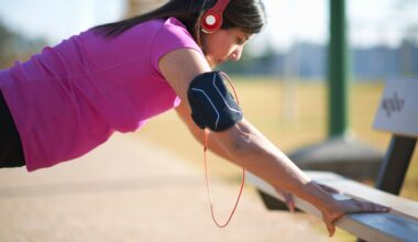 Woman wearing headphones and activewear, doing press up on a bench, highlighting the benefits of 1 minute of exercise per day