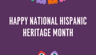 Text that says “Happy National Hispanic Heritage Month” in front of a dark purple background surrounded by graphics of colorful cut paper flags.