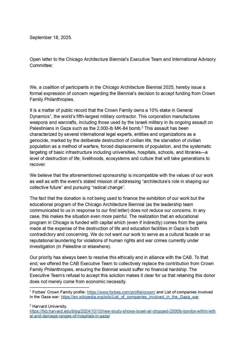 המכתב שפרסמו חמישית מהמשתתפים בביאנלה נגד קרן קרון ופעילותה