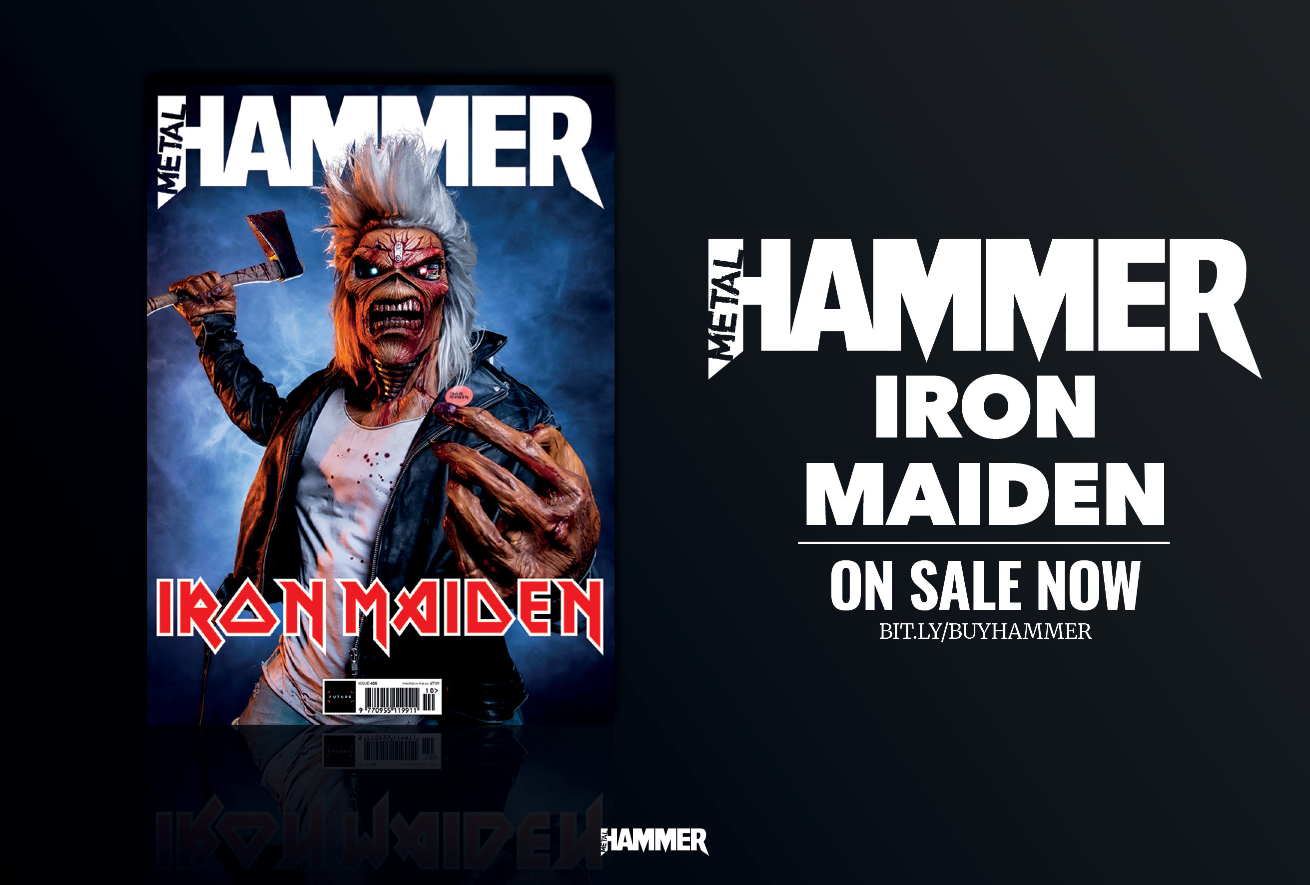 Iron Maiden mascot Eddie on the cover of Metal Hammer issue 405, next to text that reads "Iron Maiden &ndash; on sale now"