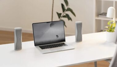 A silver laptop with a black and white screen displaying a misty landscape and a person standing in a field, placed on a white desk. On either side of the laptop are two identical silver speakers with a perforated front design. To the right of the desk is a white lamp and a white pot with a green plant. In the background, there is a blurred plant and a white shelving unit with books.