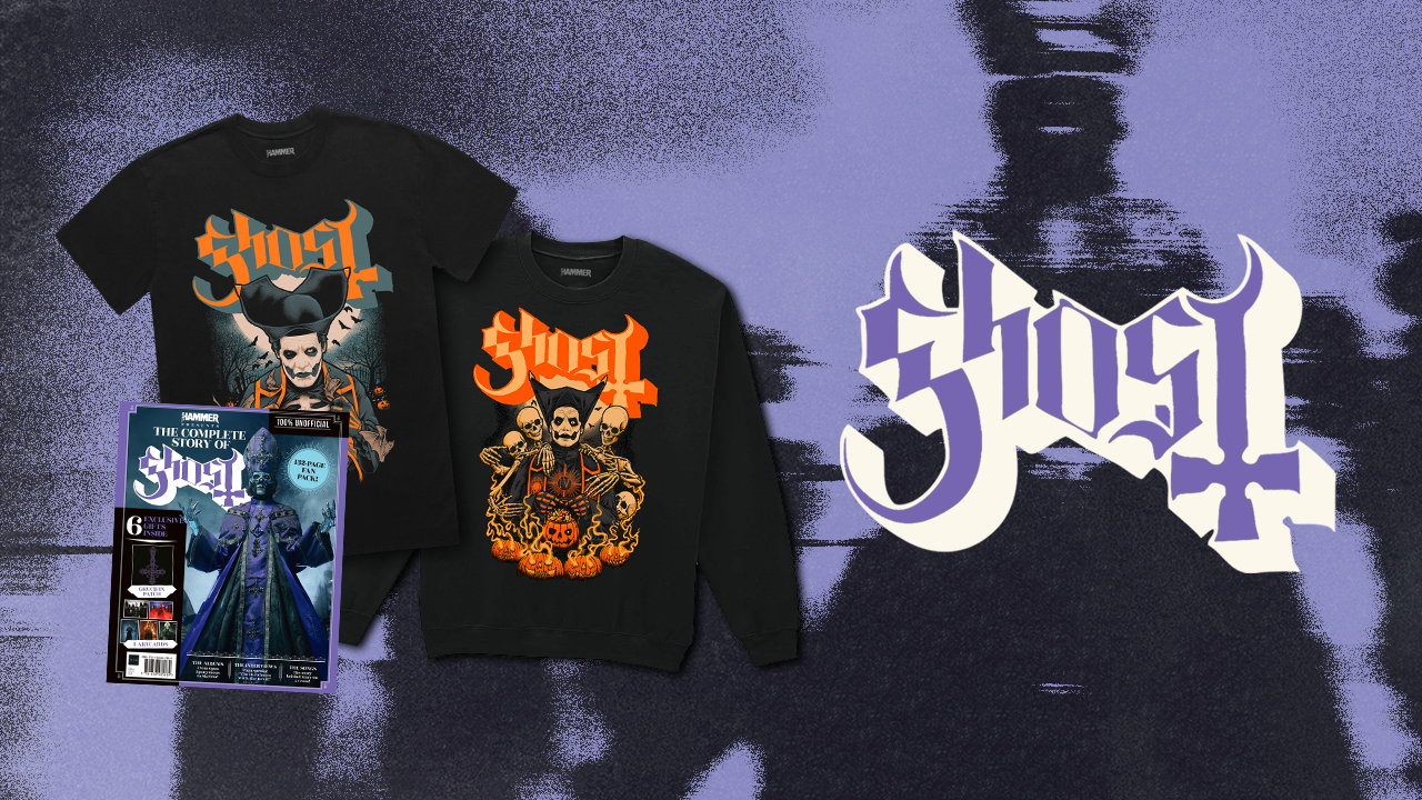 Ghost-themed t-shirt, sweatshirt and book, next to the Ghost logo