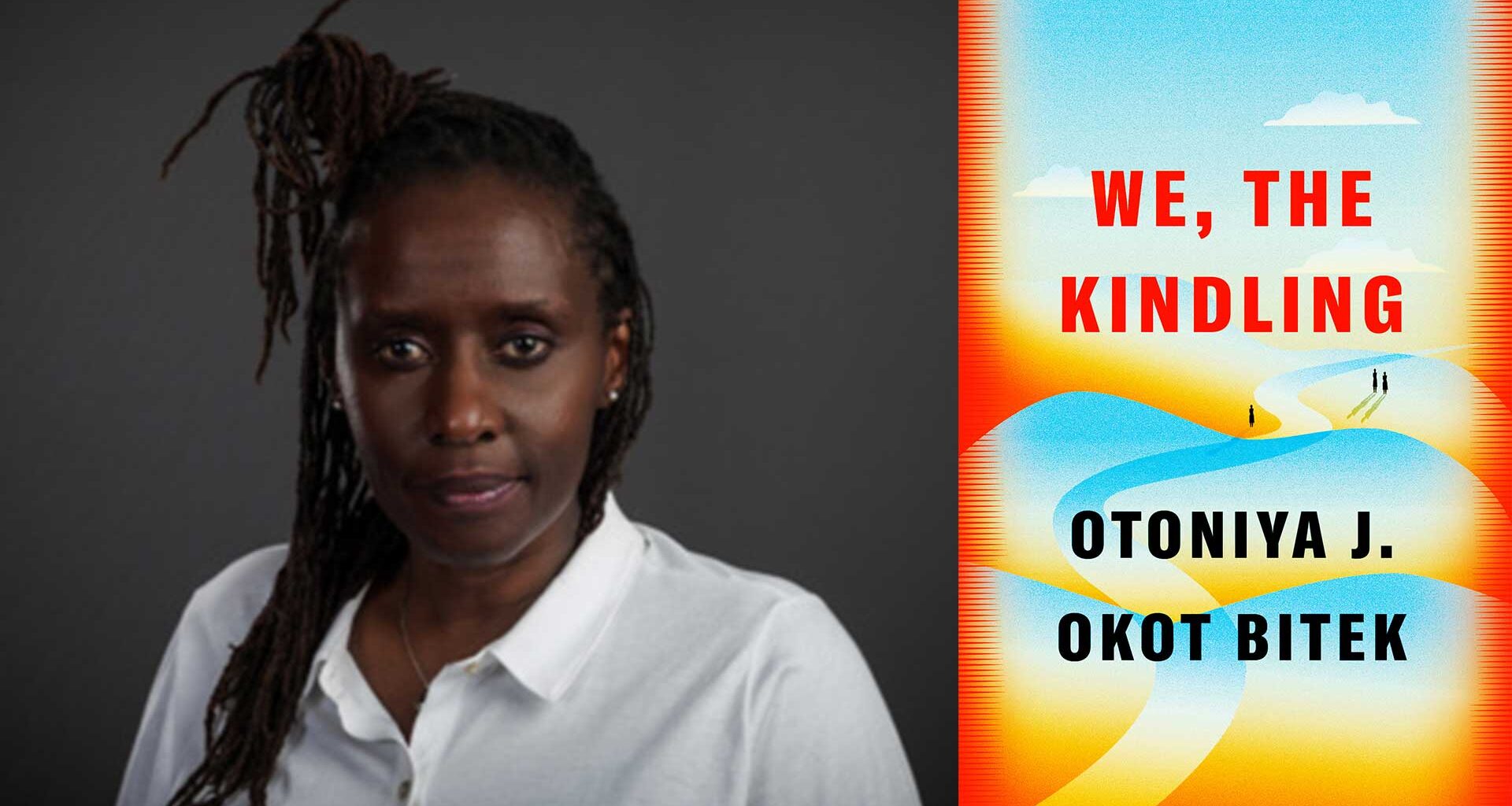 Otoniya J Okot Bitek's headshot beside the We, The Kindling book cover