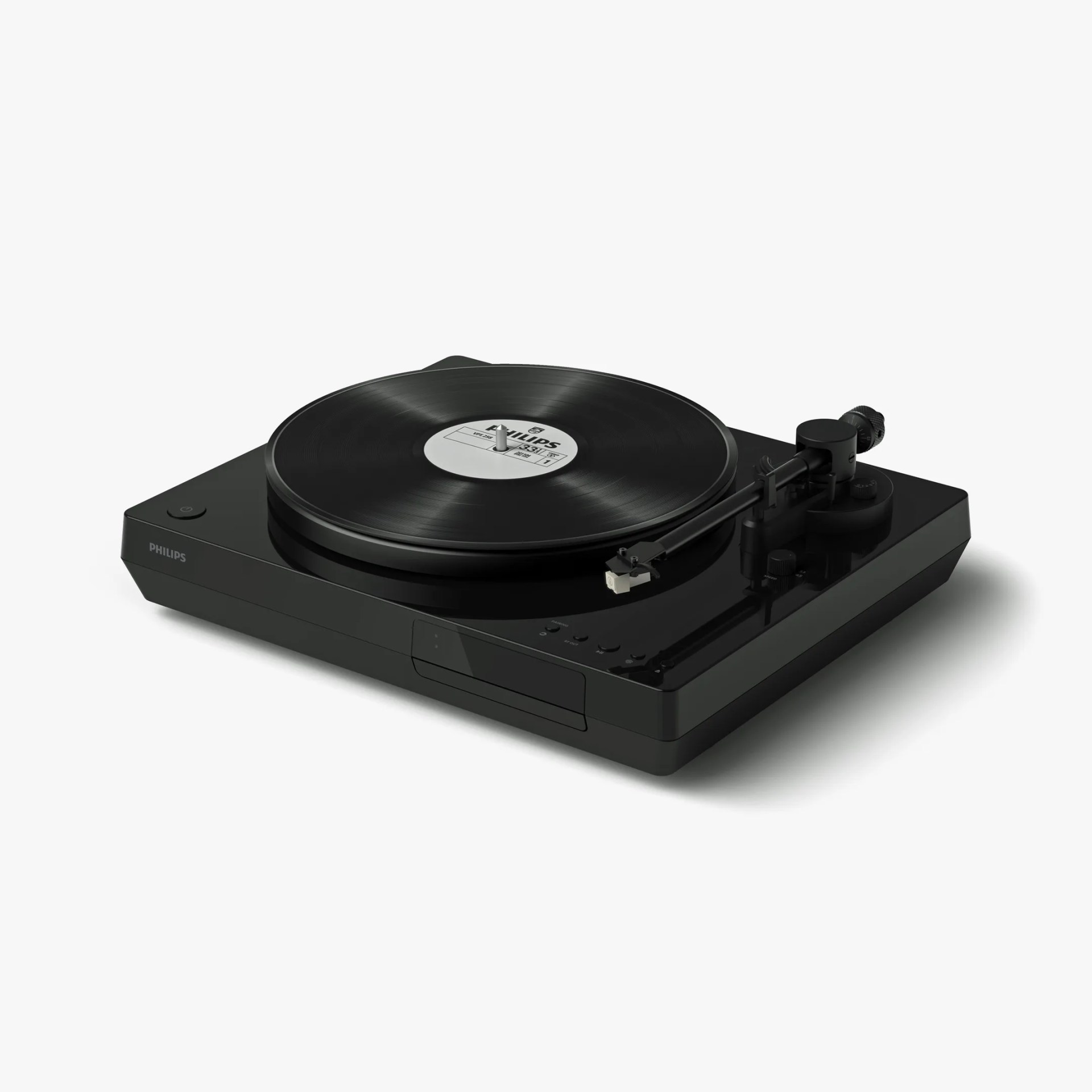 Black Philips turntable with a vinyl record on the platter, tonearm positioned to the right, and control buttons on the front right side. The turntable has a sleek, modern design with a glossy finish.