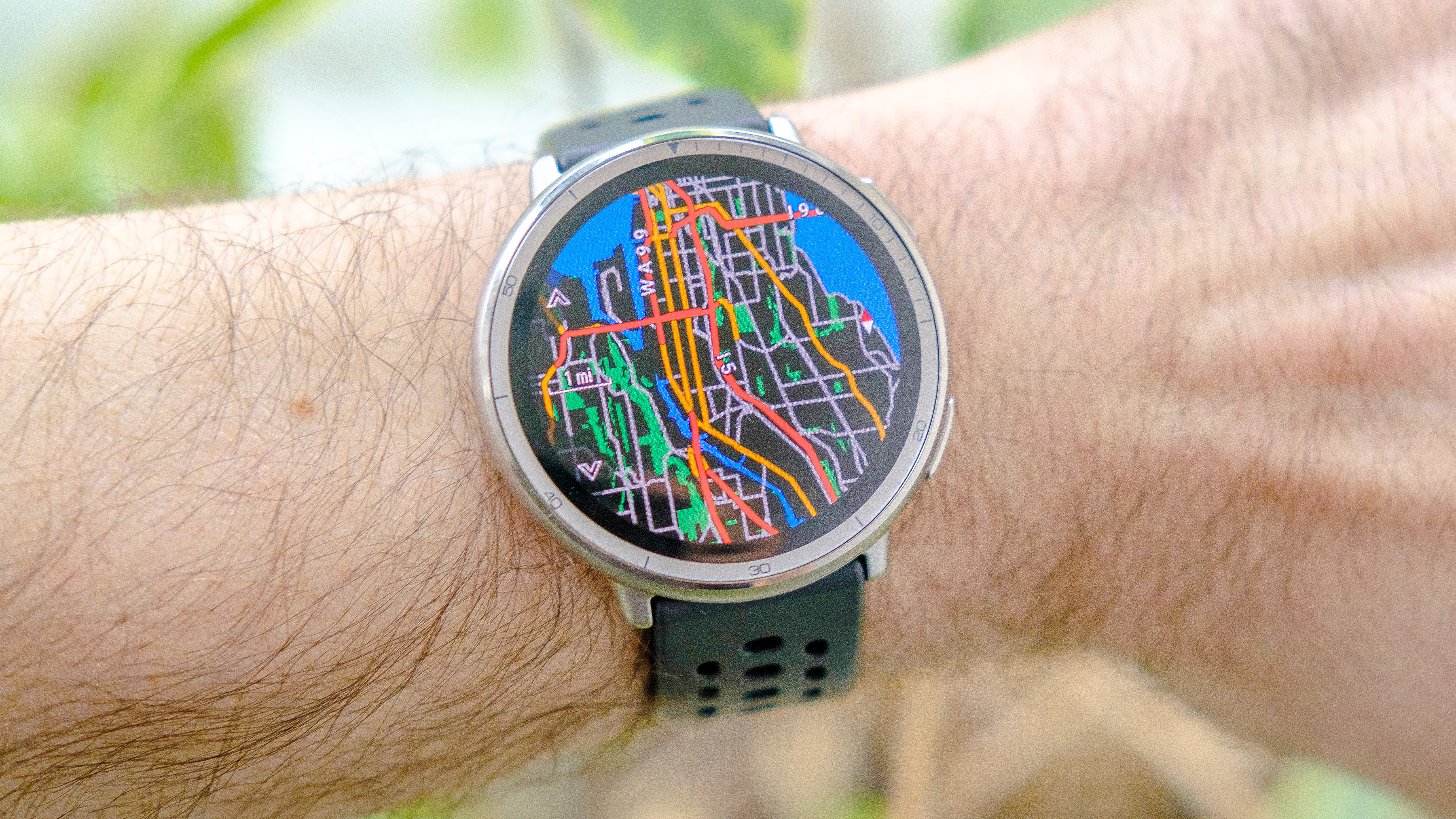 Close up of the Amazfit Active 2 smartwatch showing the maps feature