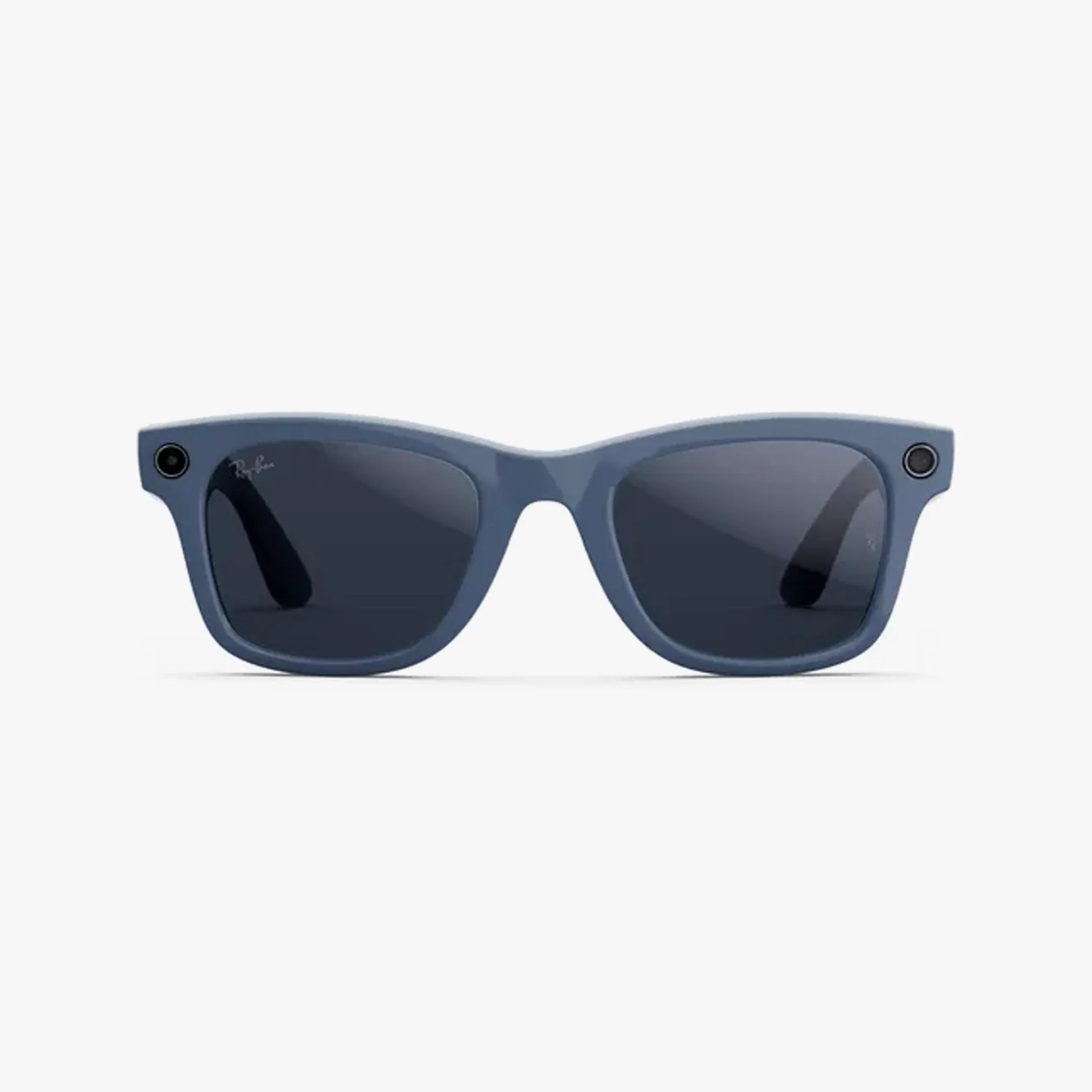Blue Ray-Ban sunglasses with a rectangular frame and dark tinted lenses, featuring small cameras embedded near the outer edges of each lens.