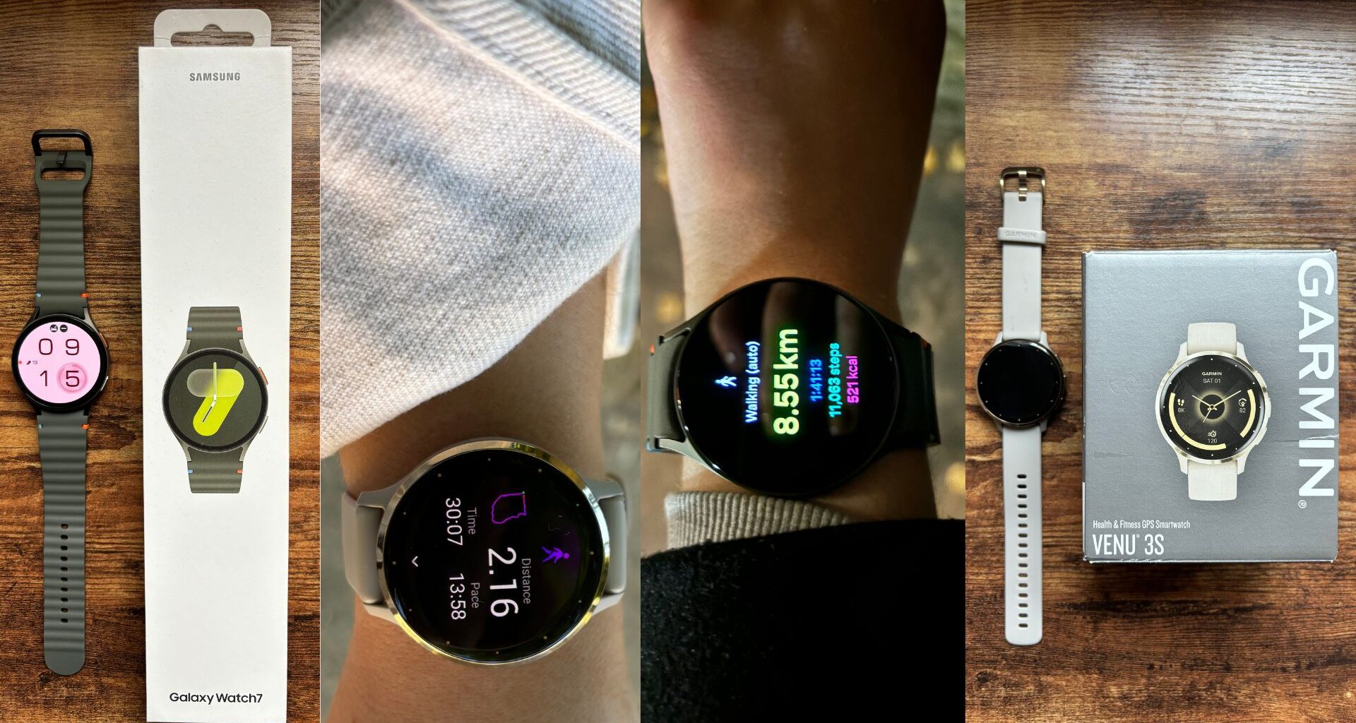 Collage of Ciara McGinley wearing Garmin vs Samsung Watch on wrist side by side with watches next to packaging