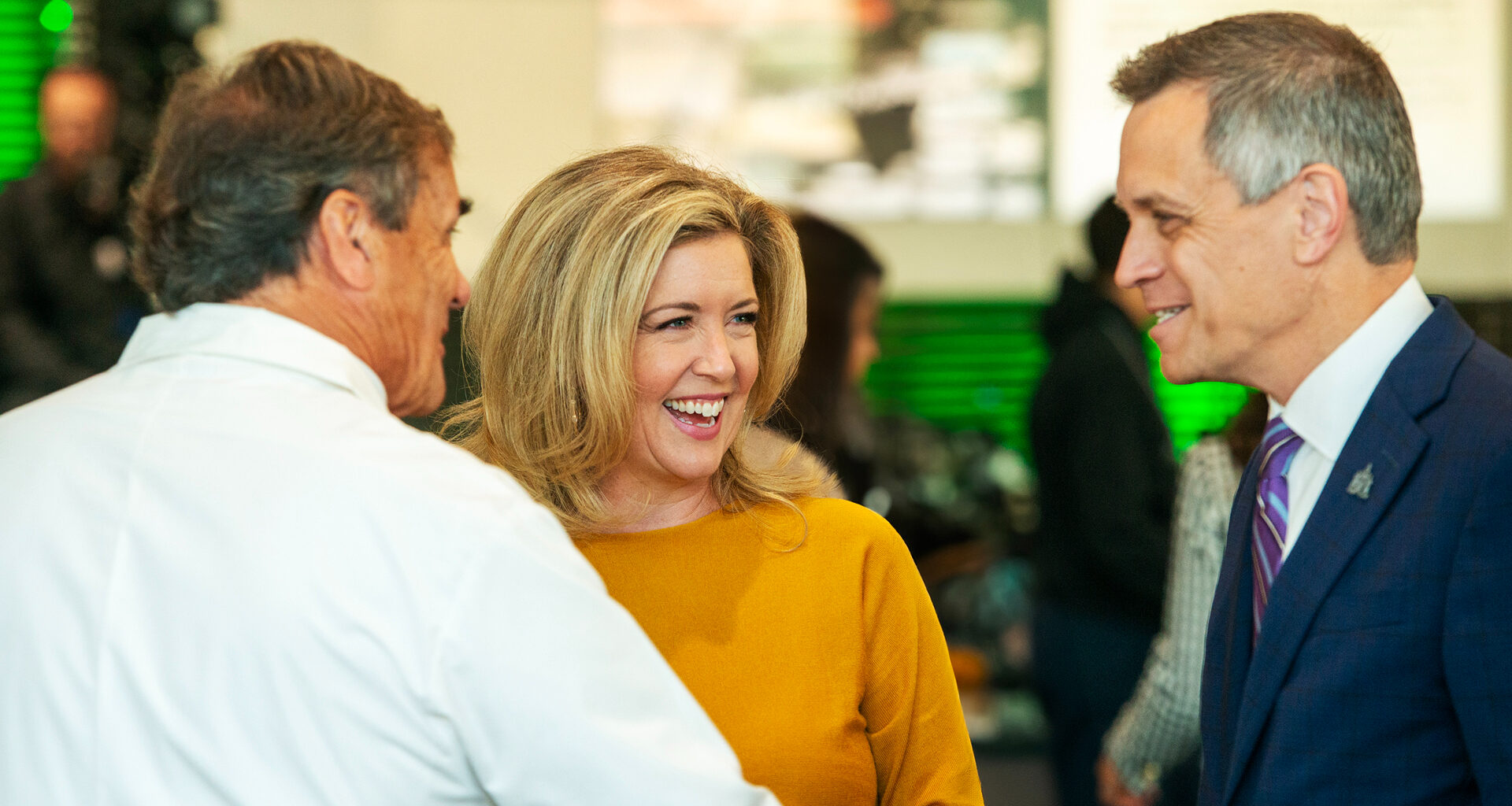 Catherine Clark (Catherine Clark Communications, board member with The Ottawa Hospital) and Mayor Mark Sutcliffe meeting GBA Group president Graham Bird at The 24th President&rsquo;s Breakfast in support of The Ottawa Hospital, The Rogers Center, September 9th, 2025.