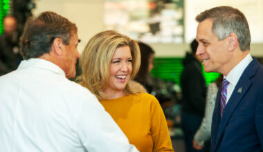 Catherine Clark (Catherine Clark Communications, board member with The Ottawa Hospital) and Mayor Mark Sutcliffe meeting GBA Group president Graham Bird at The 24th President&rsquo;s Breakfast in support of The Ottawa Hospital, The Rogers Center, September 9th, 2025.