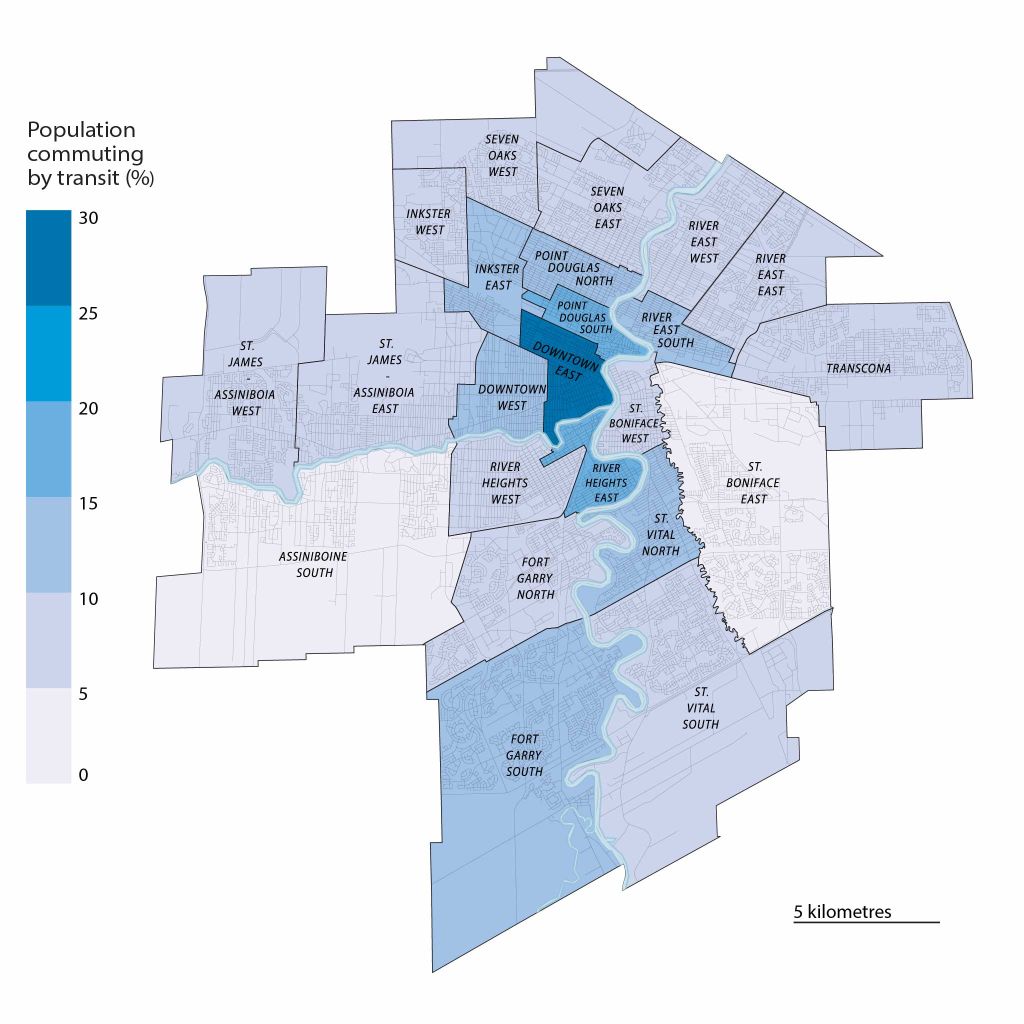 Map of Winnipeg with the city's neighbourhoods coloured in varying shades of purple and blue shows the percentage of the population commuting by public transit. Darker blues indicate a greater percentage of transit commuters