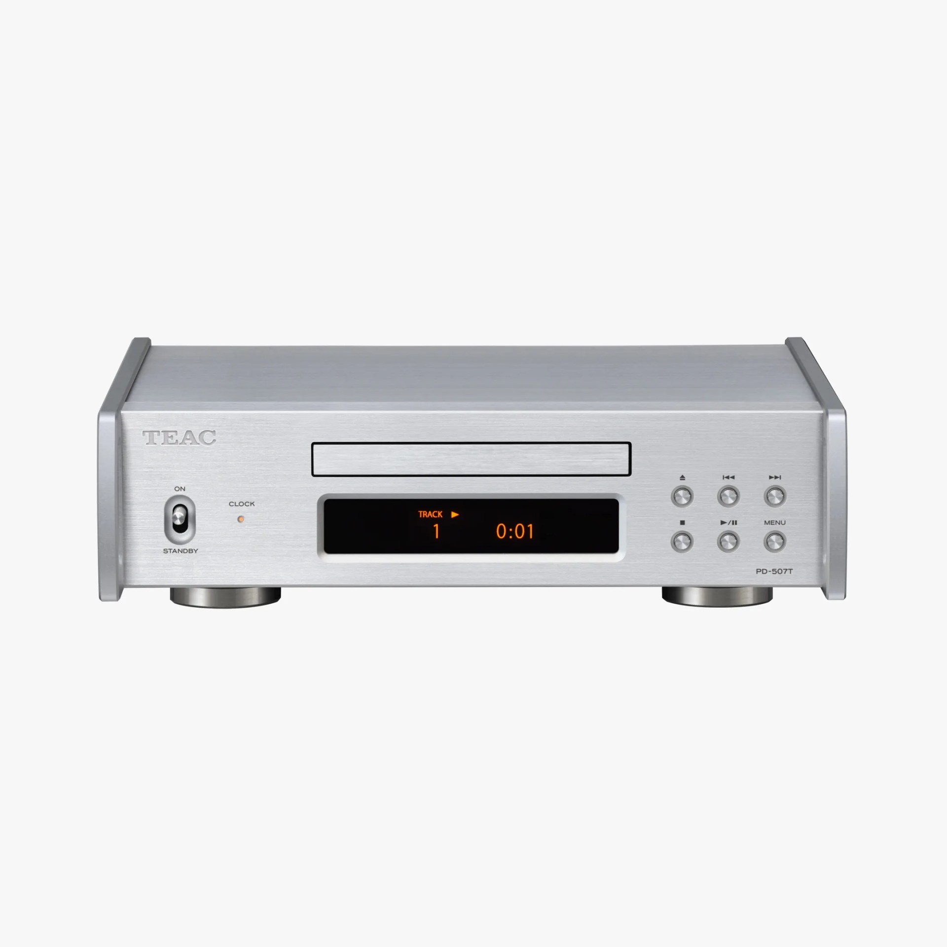 Silver TEAC PD-507T CD player with a brushed metal finish, featuring a central disc tray above an orange digital display showing track number and time, a power switch on the left, and playback control buttons on the right.