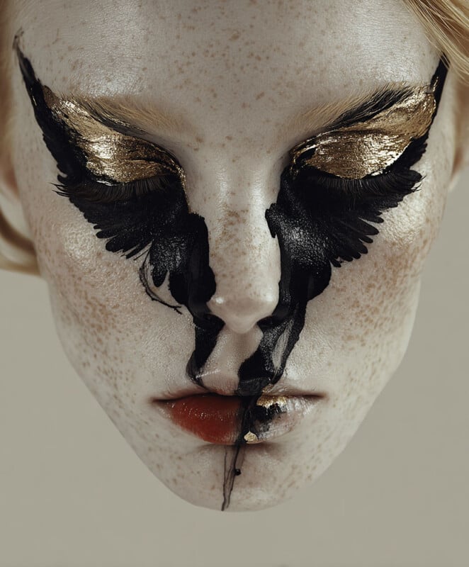 A close-up of a freckled face with dramatic gold and black makeup resembling wings over the eyes and black paint streaking down the nose and lips, creating an artistic, surreal effect.