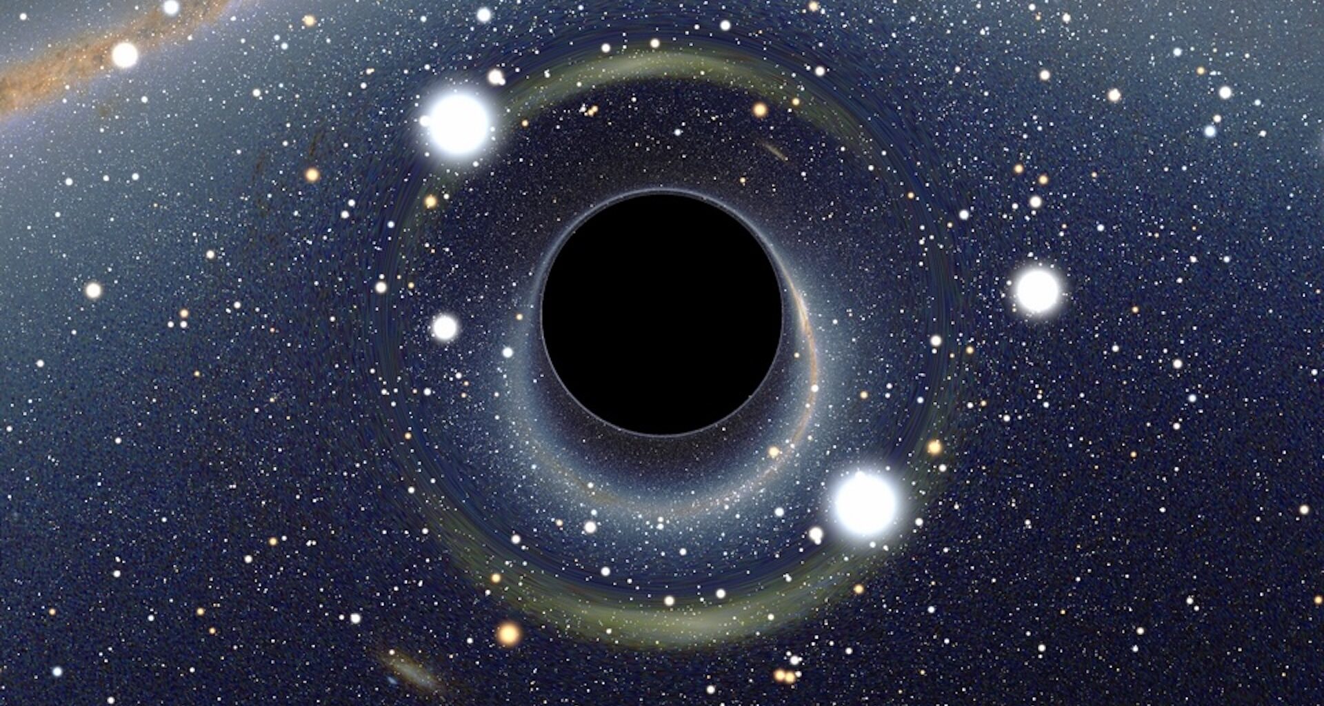 An illustration of a black hole in front of starry outer space
