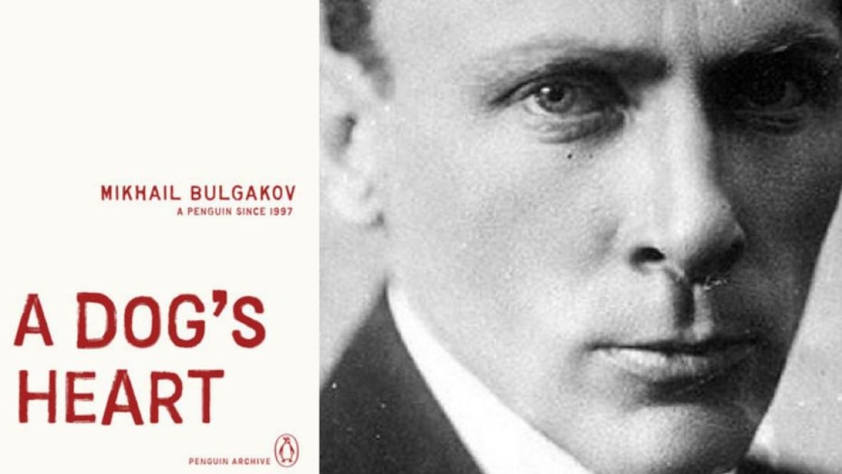A white book cover with red writing. A closeup black and white headshot of a man.