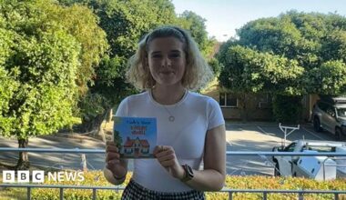 A side profile of a grey house with a number of visible cracks and marks in the wall.