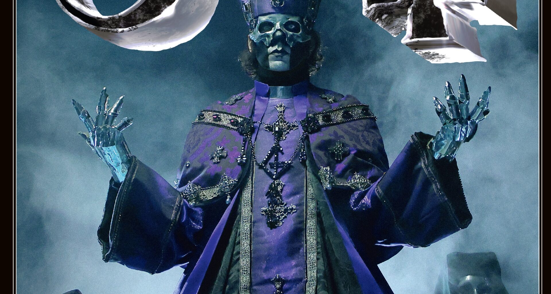 Ghost frontman Papa V Perpetua standing in front of the band