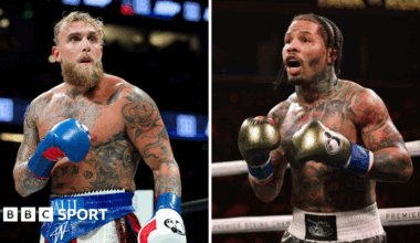 Split image of Jake Paul and Gervonta Davis in the ring