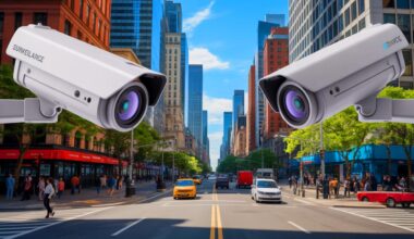 Illustration of AI-powered surveillance cameras monitoring a public space.