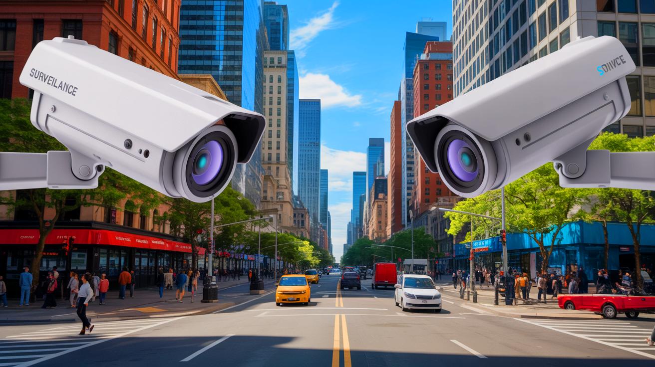Illustration of AI-powered surveillance cameras monitoring a public space.