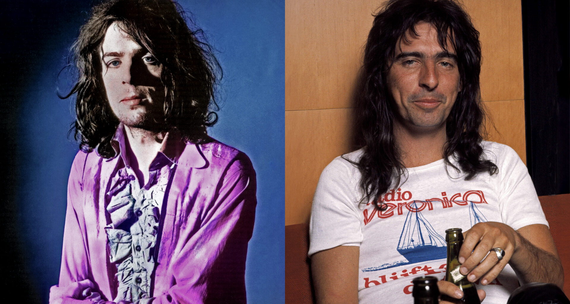 LEFT: Syd BARRETT; formerly of Pink Floyd - posed, studio. RIGHT: Alice Cooper, Mar-74, Copenhagen, Denmark