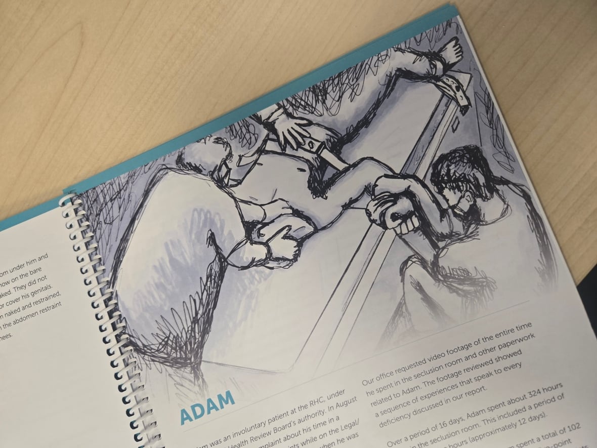 A drawing of a man laying down with a bag over his head, restrained to a bed, while people hold him down and touch his abdomen.