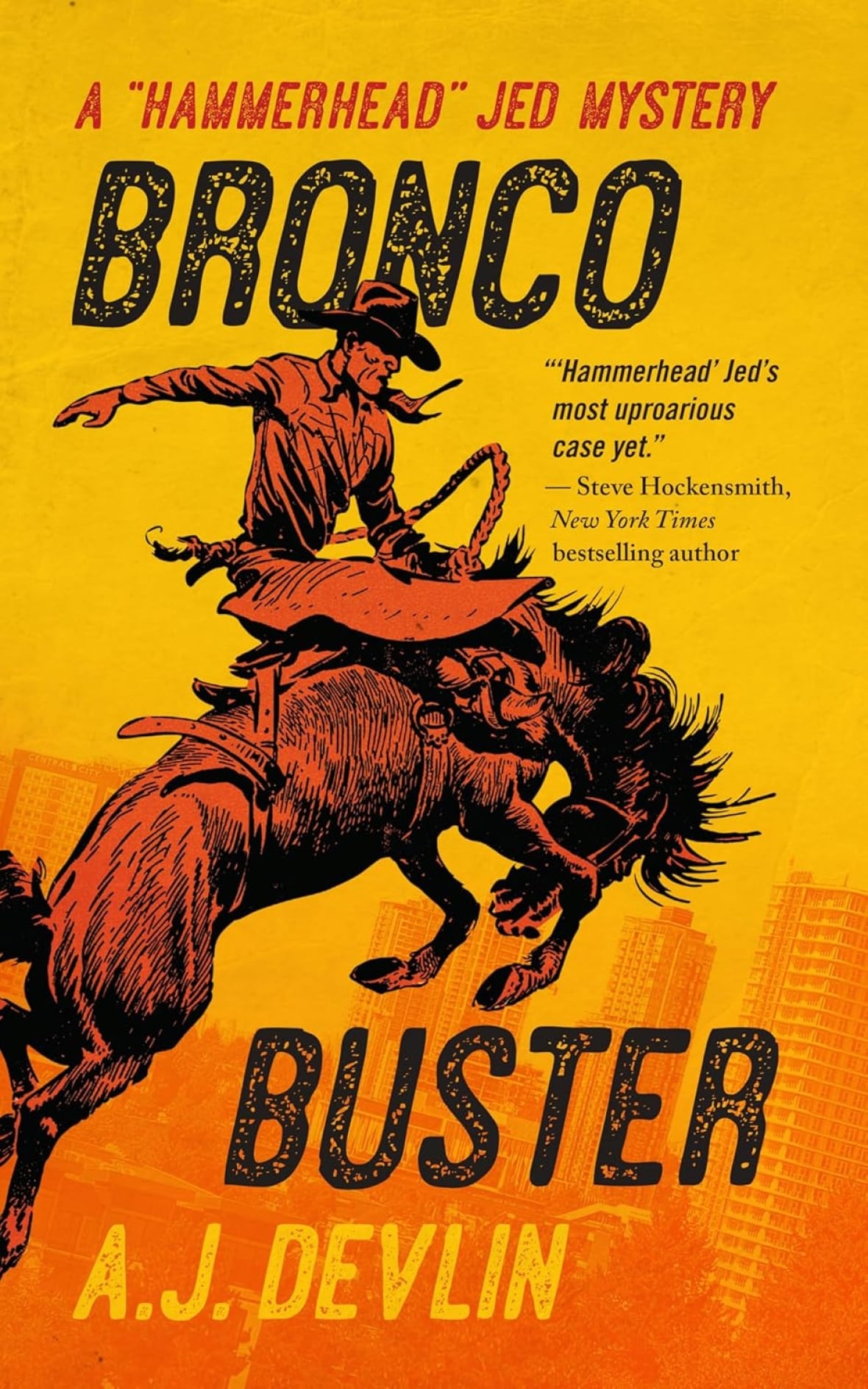 A yellow and orange illustrated book cover featuring a rodeo rider and a horse on it. 