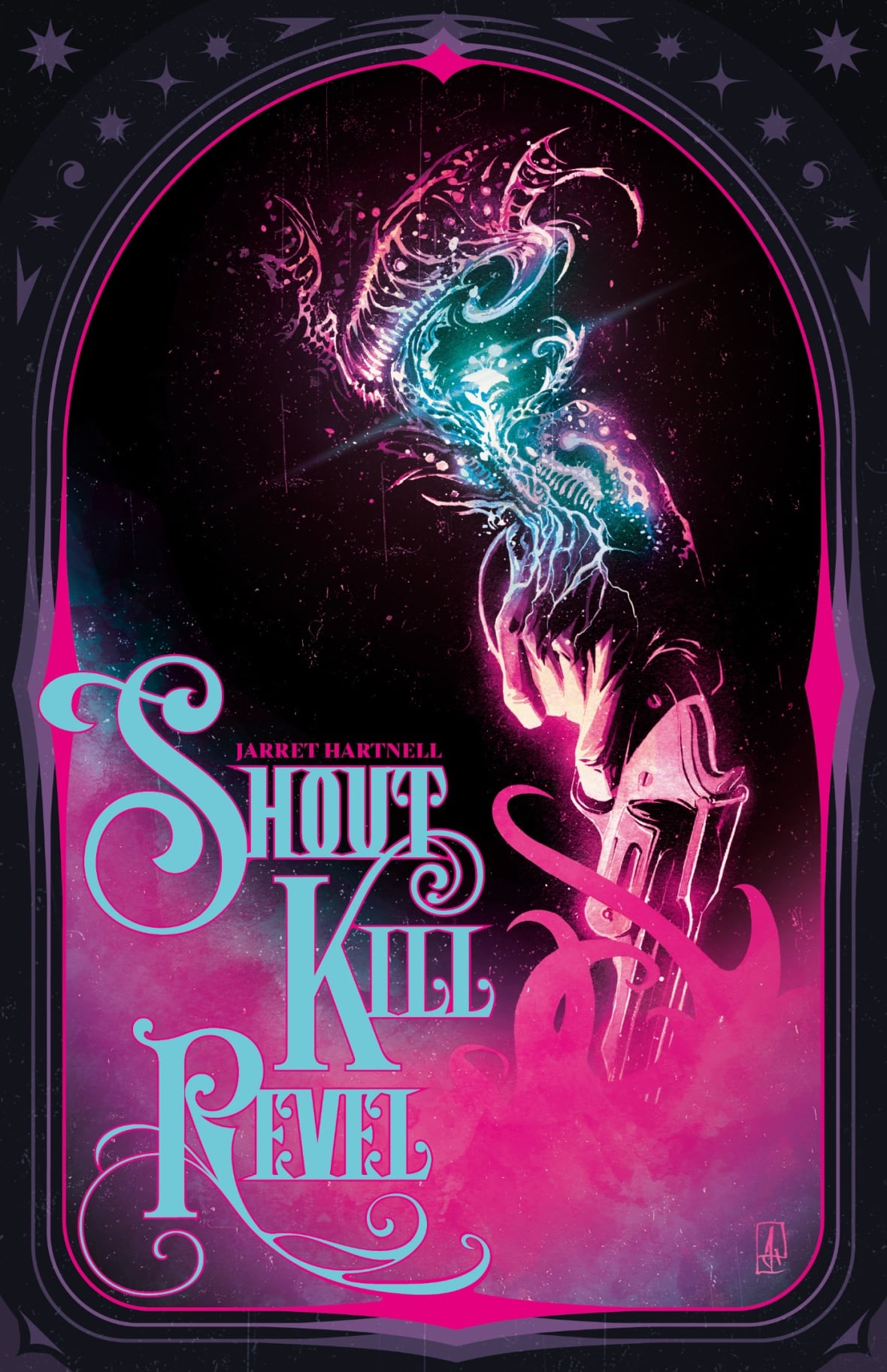 An illustrated black, pink and blue book cover of a mystical hand holding a glowing pistol.