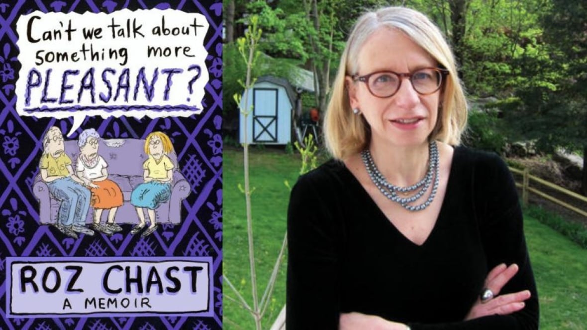 A book cover of a woman on the couch with her parents. A headshot of a blonde woman with glasses.