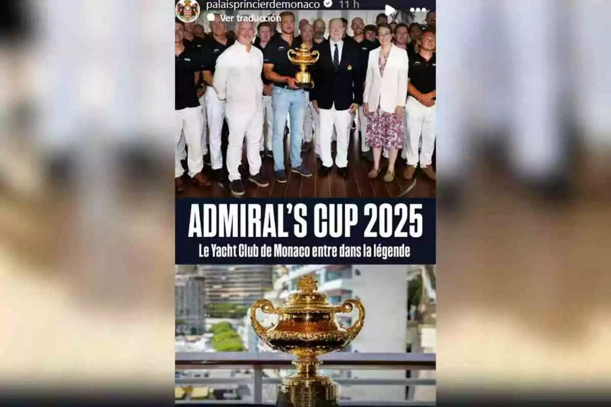 A group of people posing with a golden trophy at a Monaco Yacht Club event with the text 