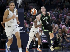 Bridget Carleton (6) of the Minnesota Lynx passes upcourt during the third quarter against the Golden State Valkyries at Target Center on Sept. 11, 2025, in Minneapolis, Minn. (Ellen Schmidt/Getty Images)