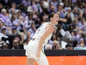 Bridget Carleton (6) of the Minnesota Lynx reacts after making a three-point shot against the Golden State Valkyries during the second half in the first round of Game 2 of the WNBA playoffs at Sap Center on Sept. 17, 2025, in San Jose, Calif. (Thearon W. Henderson/Getty Images)