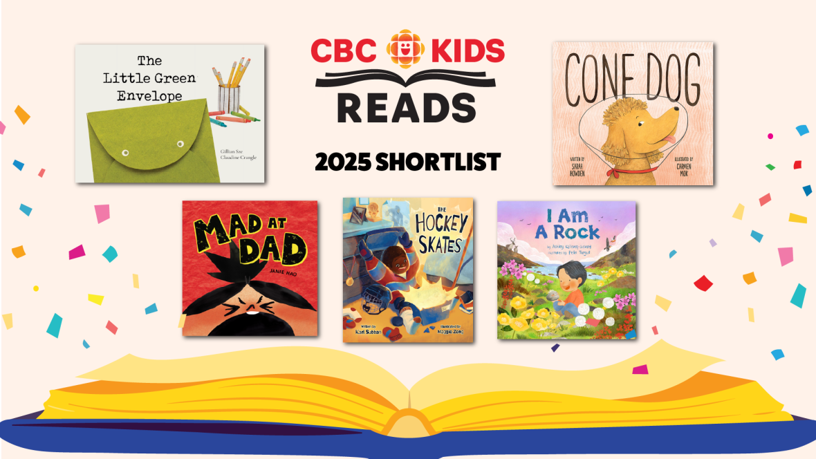 A graphic showing an illustration of an open book with five book jackets, for children's picture books, inside, with confetti sprinkled around the page.