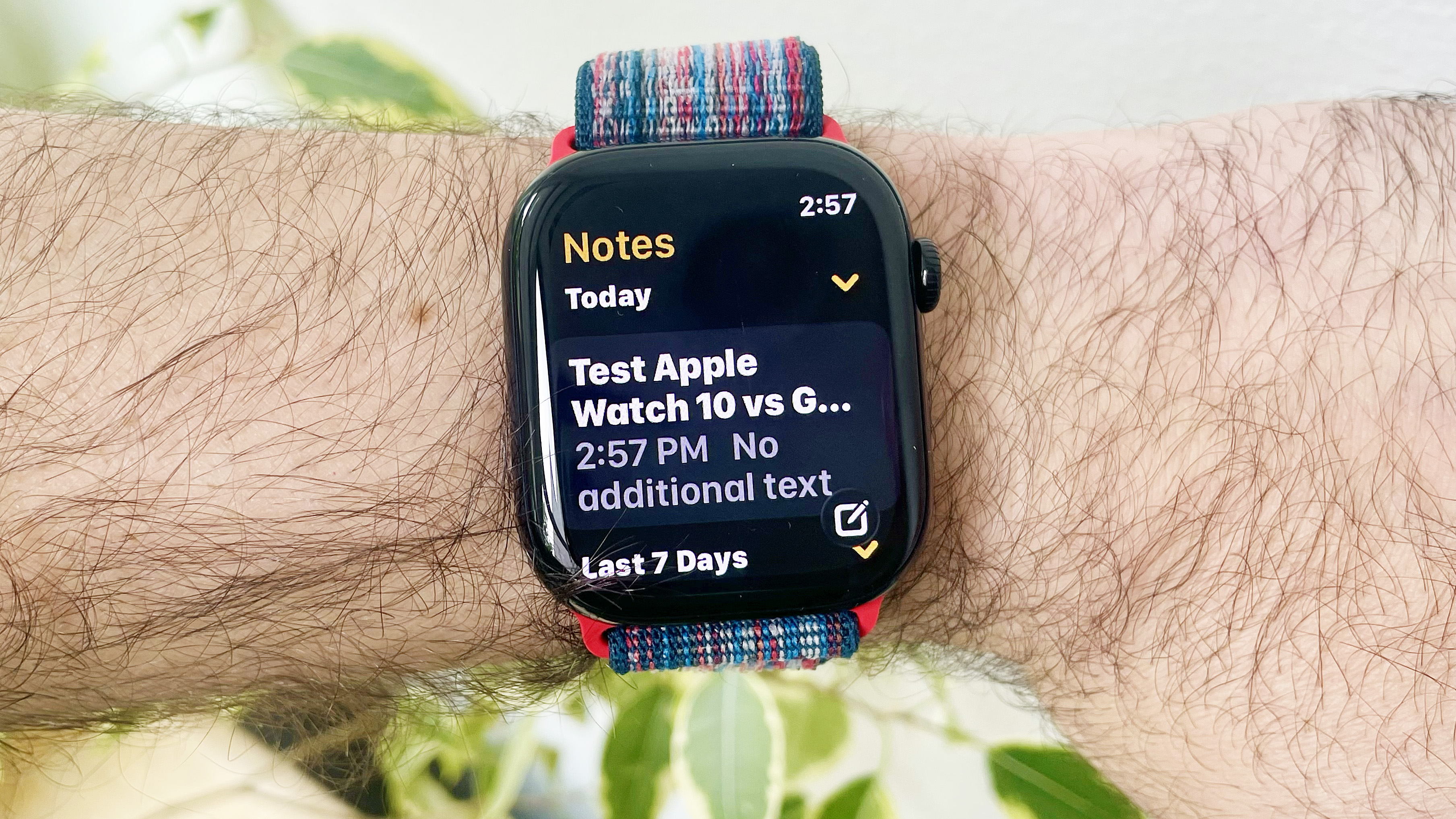 Apple Watch Series 10 close-up on a user's wrist showing the different options within the Apple Watch Notes app, launched with watchOS 26