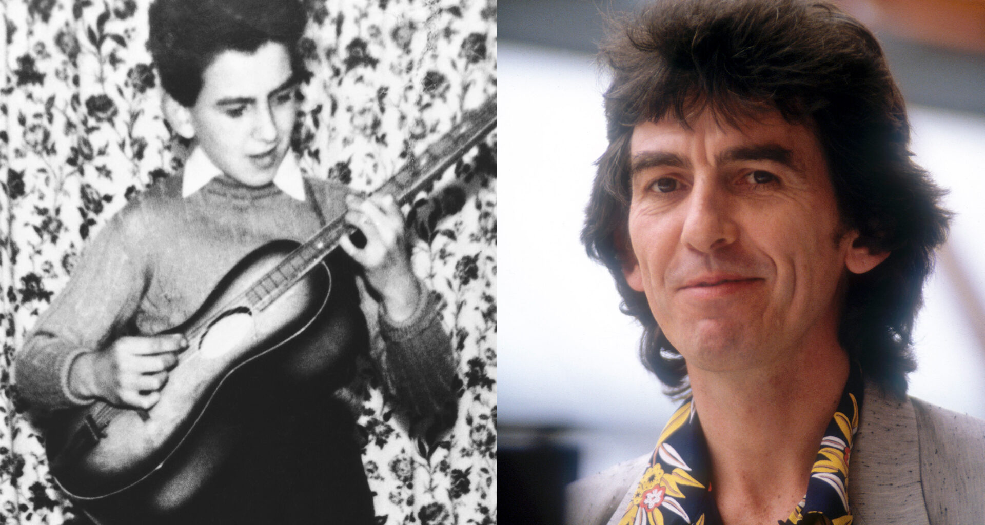 LEFT: Michael Ochs Archives/Getty Images Guitarist George Harrison of the rock and roll band "The Beatles" poses for a childhood portrait playing an acoustic guitar in circa 1954 in Liverpool, England. RIGHT: George Harrison attends a press conference to launch the new book by Derek Taylor 'Fifty Years Adrift' at the Sydney Opera House on November 30, 1984 in Sydney, Australia.