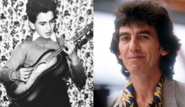 LEFT: Michael Ochs Archives/Getty Images Guitarist George Harrison of the rock and roll band "The Beatles" poses for a childhood portrait playing an acoustic guitar in circa 1954 in Liverpool, England. RIGHT: George Harrison attends a press conference to launch the new book by Derek Taylor 'Fifty Years Adrift' at the Sydney Opera House on November 30, 1984 in Sydney, Australia.