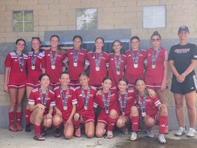 The Chatham Soccer Club under-13 girls are 2025 District Cup silver medallists in the Elgin Middlesex District Soccer League. Team members are, front row, left: Mya Vilaranda, Emerson Ostropolec, Jocelyn Payne, Alyssa Costa, Ayla Hopper and Jordyn Brown. Back row: Arianne Roubos, Parker Charron, Clodagh Wright, Janee Chantler-Shadd-Gentry, Clara Wieringa, Olivia Childs, Briana King, Paige Dejaegher and coach Meaghan Wright. Jaelah Wright-Morgan is absent. (Supplied Photo)