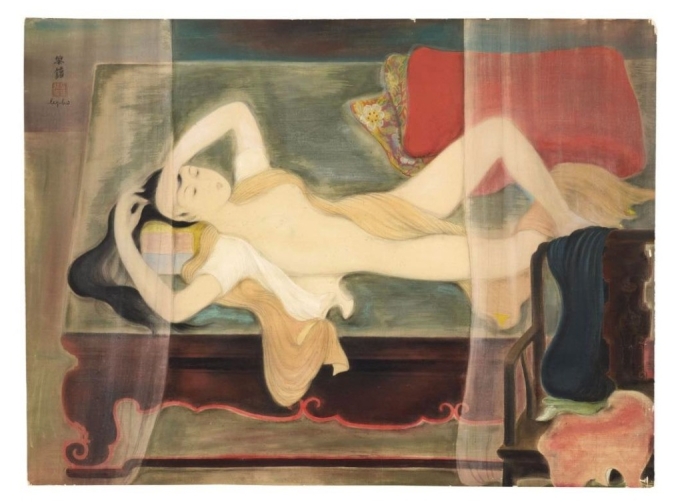 Le Pho’s La femme nue (Nude Woman) created using ink and color on silk, with the artist’s signature in the upper left corner. Photo courtesy of Agutte