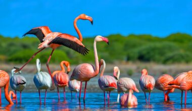 Illustration of flamingos in the Camargue region, highlighting differences between migratory and sedentary populations.