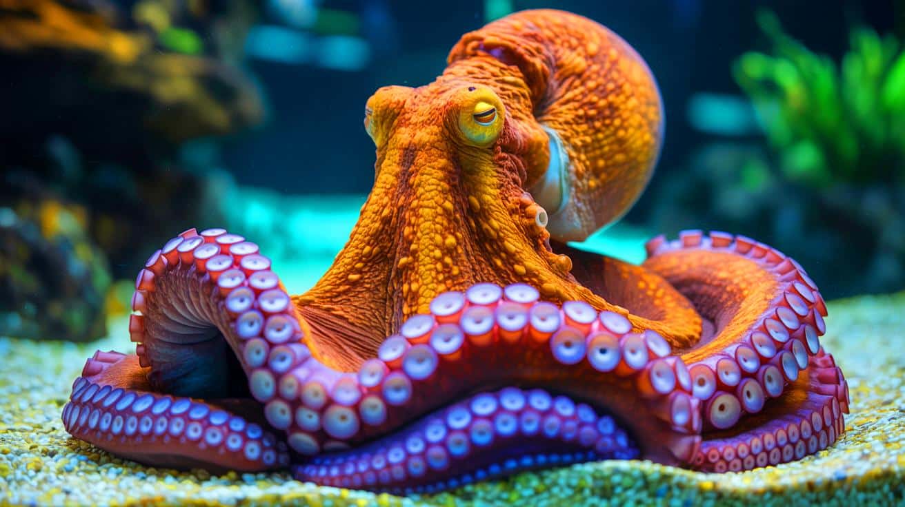 Illustration of a Giant Pacific Octopus Named Ghost Caring for Her Unfertilized Eggs at the Aquarium.