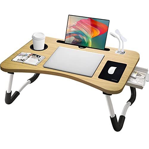 Laptop Desk,Lap Desk, Foldable Desk Bed Tray, Lap Desk for Bed with USB Charge Port/Cup Holder/Storage Drawer for Multi-Function Notebook Stand for Working,Reading (Wooden)