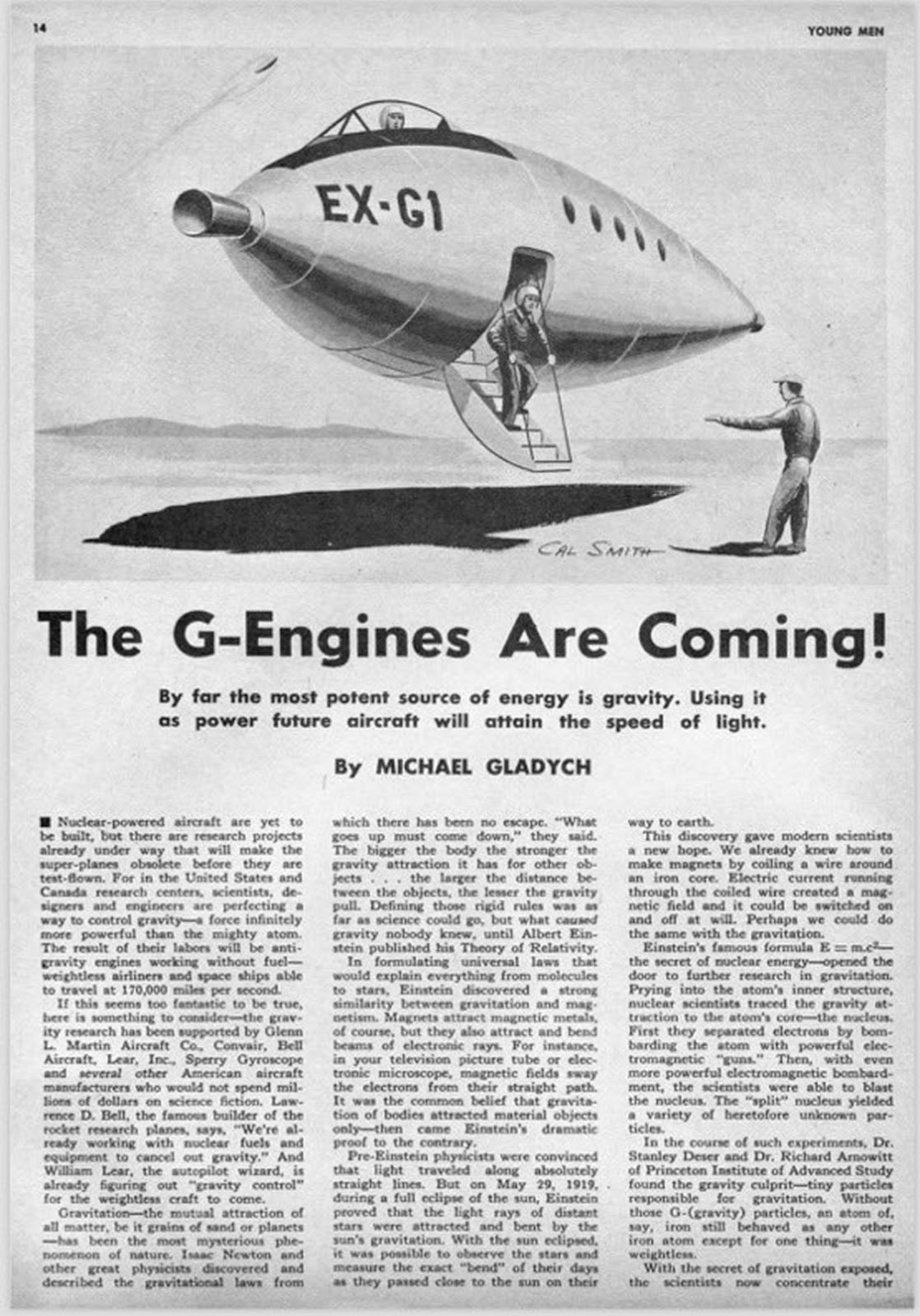 A vintage magazine page shows an illustration of a futuristic aircraft labeled 