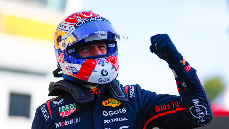 Pole position qualifier Max Verstappen of the Netherlands and Oracle Red Bull Racing celebrates on arrival in parc ferme during qualifying ahead of the F1 Grand Prix of Italy at Autodromo Nazionale Monza on September 06, 2025 in Monza, Italy.