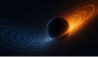 A black orb illustration with orange and blue lines around it in a disk-like formation. The right half of the disk is orange and the left half is blue.