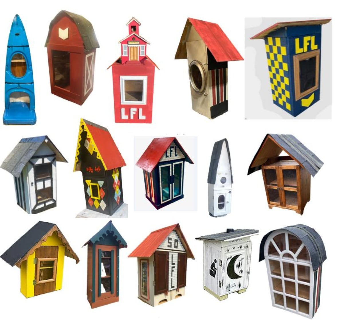An assortment of little free libraries including one made out of a kayak, one that looks like an old barn, one with a small old school house, and one that looks like an outhouse.