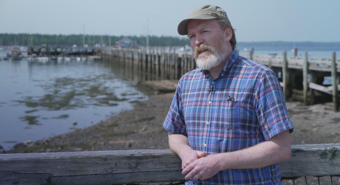 A man stands in front of a wharf.
