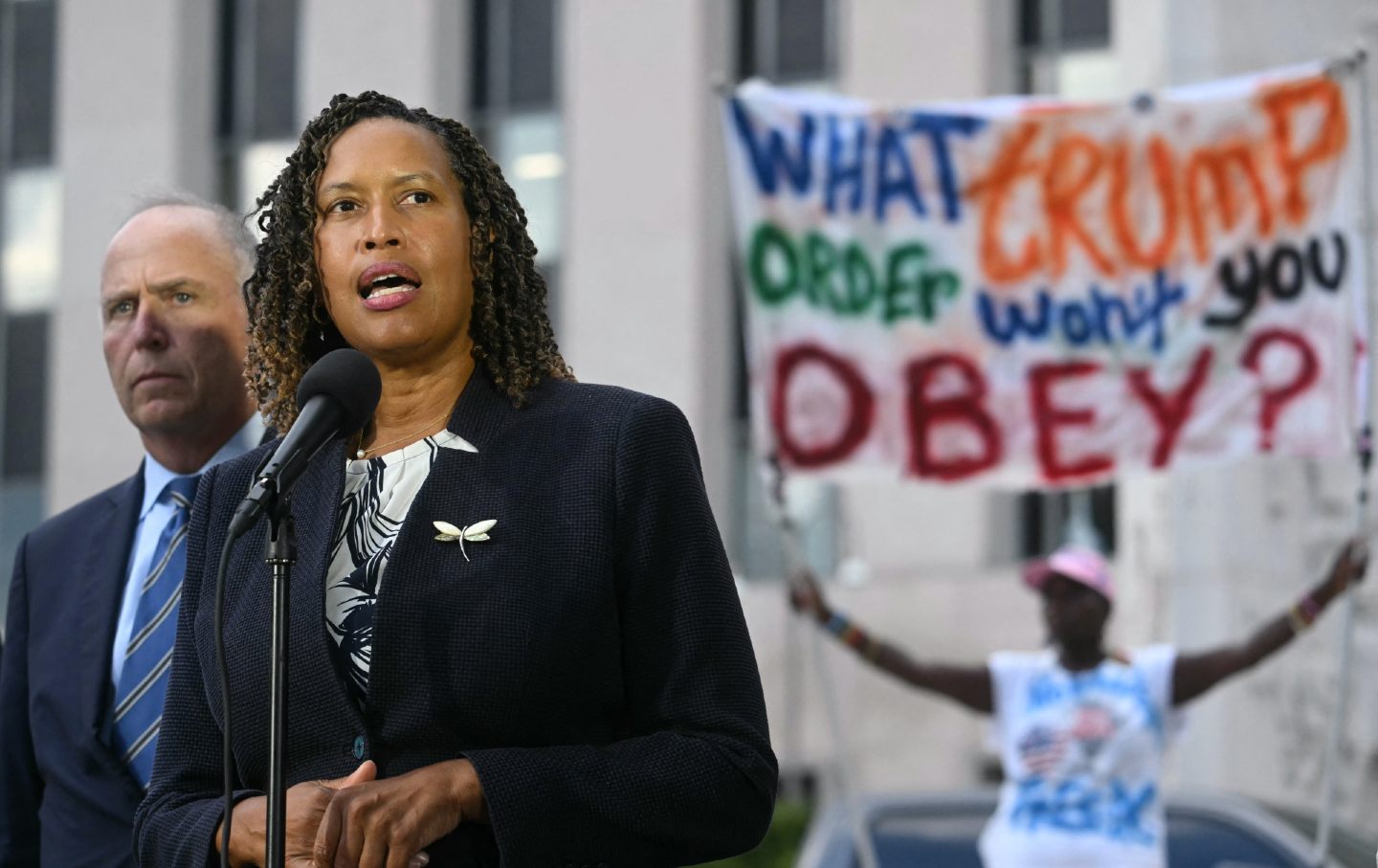 DC Mayor Muriel Bowser speaks the US District Courthouse in Washington, DC, on August 15, 2025.