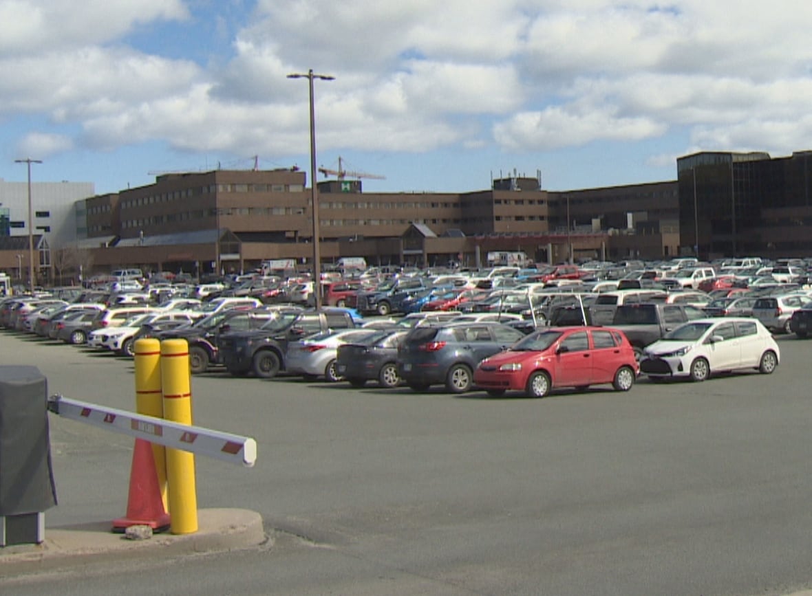 A full parking lot at a hospital.
