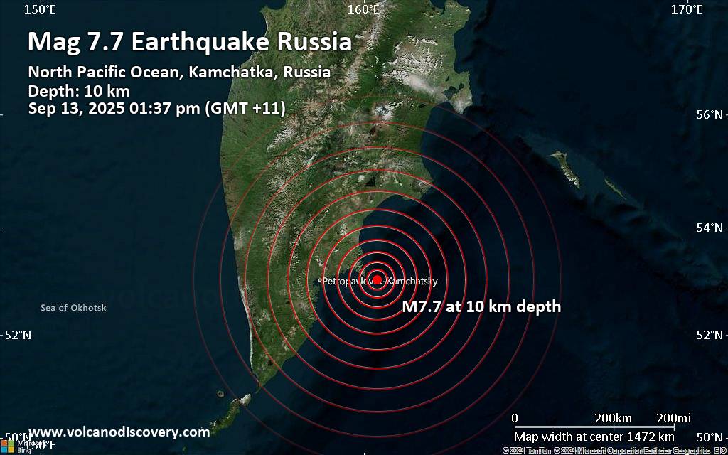 Major Magnitude 7.4 Earthquake - North Pacific Ocean, 111 km East of Petropavlovsk-Kamchatskiy, Kamchatka, Russia, on Saturday, Sep 13, 2025, at 02:37 am (Universal Time) -