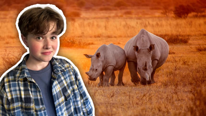Two rhinos in a large field. A cutout of CBC Kids News contributor Manny.