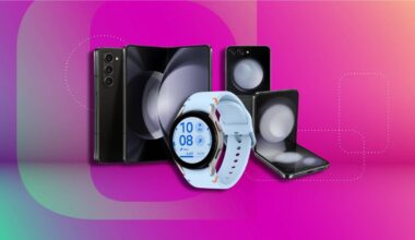 Samsung foldables and smartwatch on a bright background.